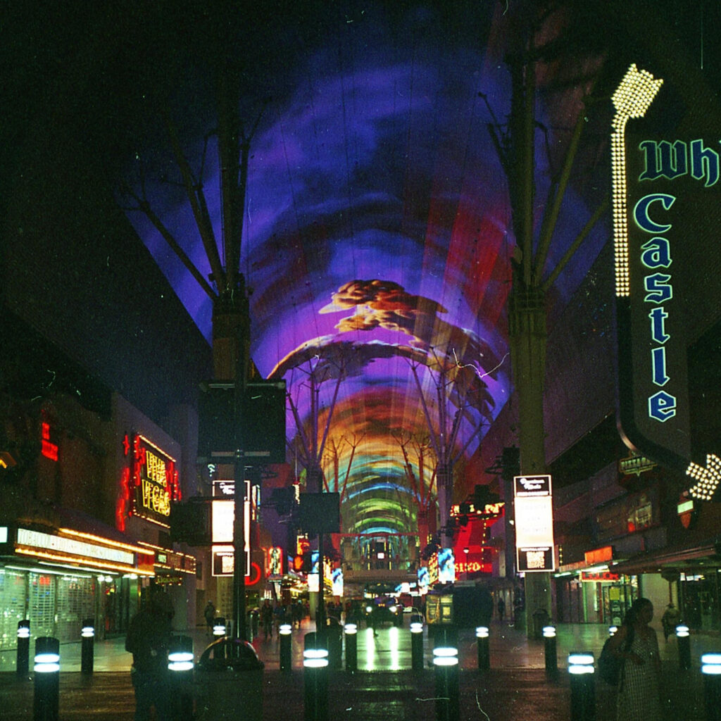 Fremont Street Experience in Las Vegas at night with neon lights and digital ceiling display